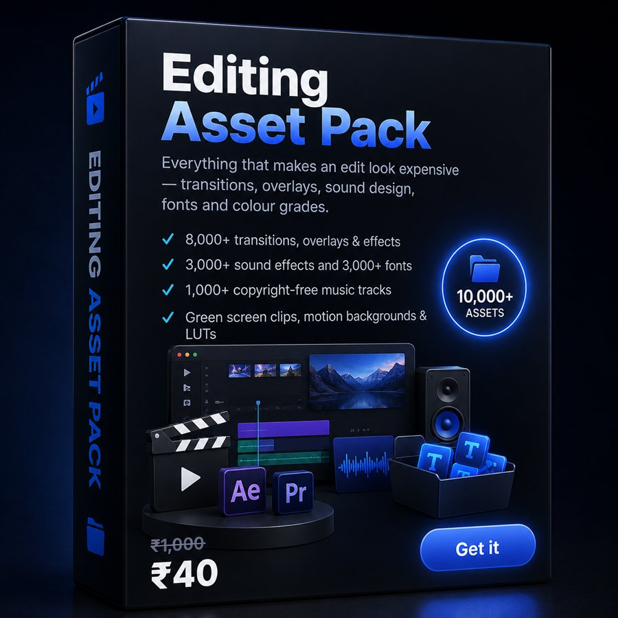 Editing Asset Pack — 8,000+ transitions and overlays, 3,000+ sound effects, 3,000+ fonts, 1,000+ copyright-free music tracks, green screen clips and LUTs. ₹40.